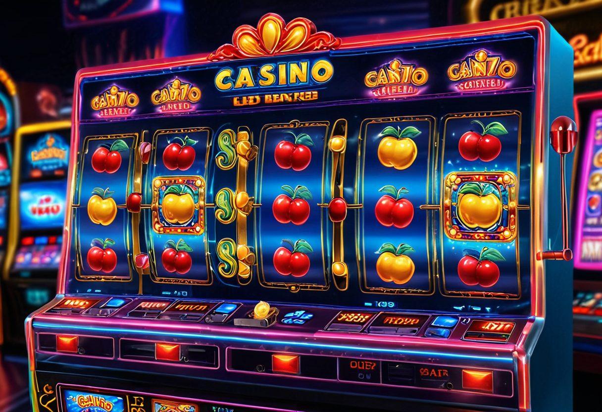 A dazzling virtual slot machine surrounded by streams of shimmering coins and vibrant, colorful jackpot symbols like cherries, sevens, and golden bars. The background features an enticing casino atmosphere with soft neon lights and playful elements that evoke excitement and potential wealth. A hand poised to pull the lever adds a sense of anticipation. 3D. vibrant colors. casino theme.