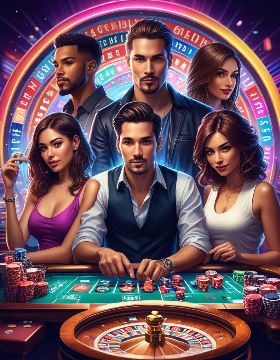 A vibrant illustration depicting a diverse group of people engaged in various online casino games on their devices, blending casual enjoyment and intense focus. Include elements like colorful poker chips, glowing slot machines, and a digital roulette wheel to show the spectrum of gaming experiences. Use a dynamic background that conveys excitement, with neon lights and a hint of a casino atmosphere. super-realistic. vibrant colors. digital art.