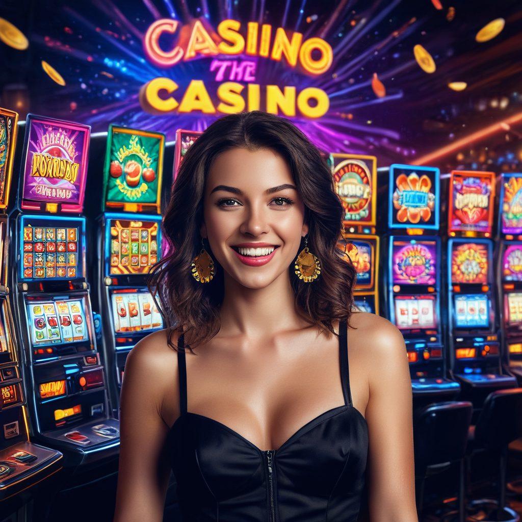 A vibrant casino setting with bright neon virtual slot machines, showcasing colorful symbols like fruits, lucky sevens, and jackpots. Include an excited player in the foreground with a winning expression, surrounded by cascading coins and confetti. The background features a dazzling display of lights and digital screens illustrating winnings. Style it in super-realistic, vibrant colors, with a touch of modern flair.